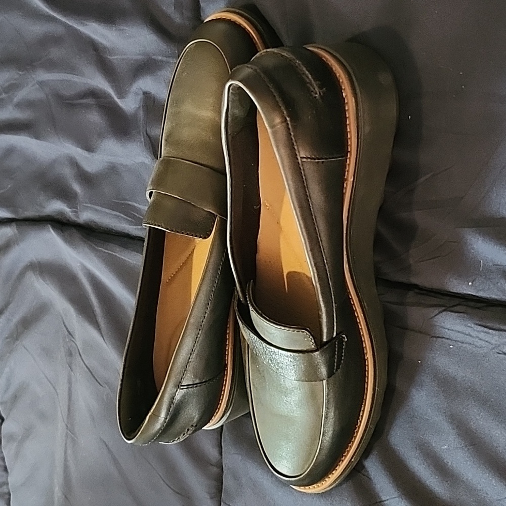 Black Leather Platform Clarks Slip On Penny Loafers